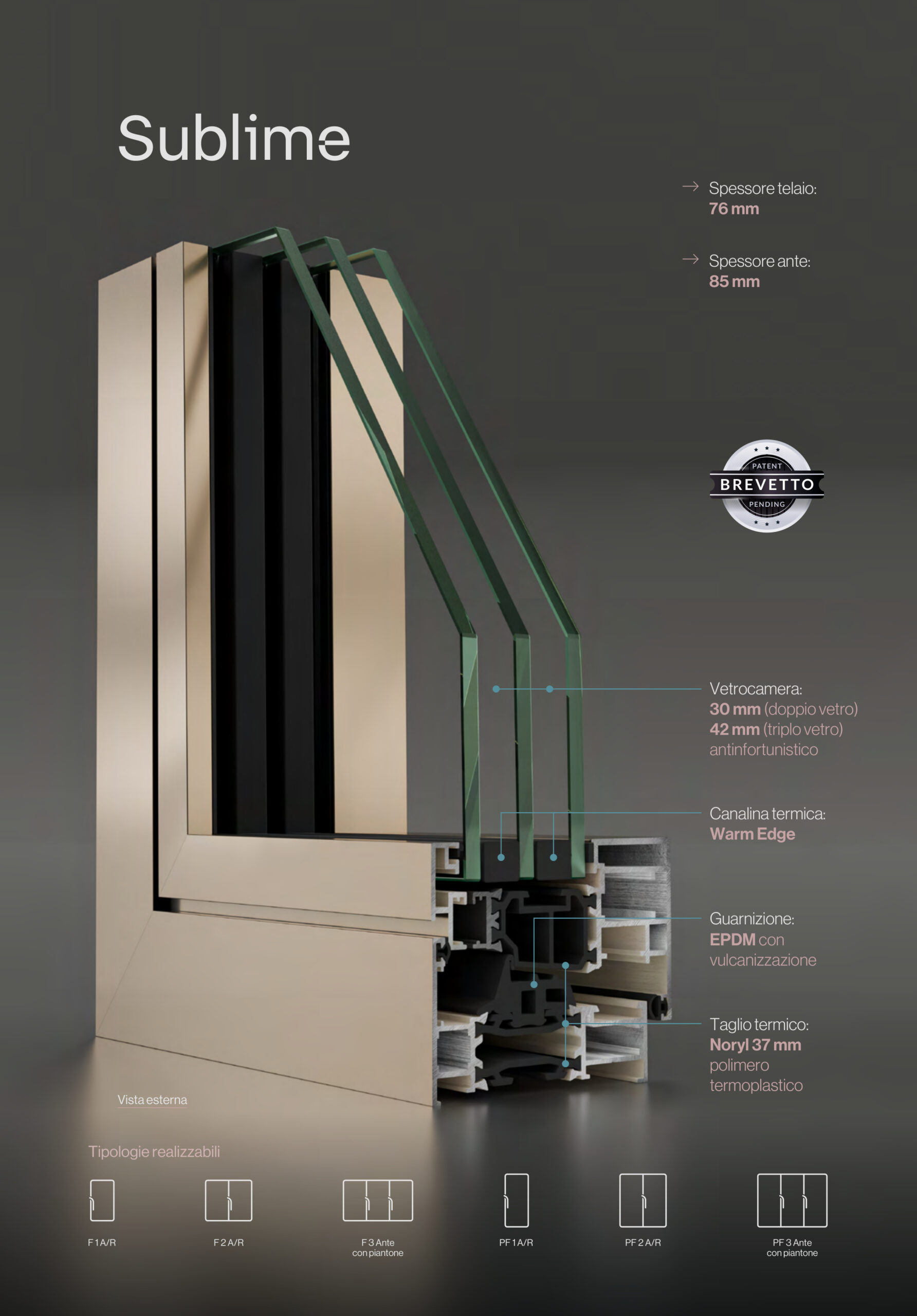 Sezione tecnica di Sublime con telaio da 76 mm e anta da 85 mm, dalla brochure Cosmet Group e Alwo